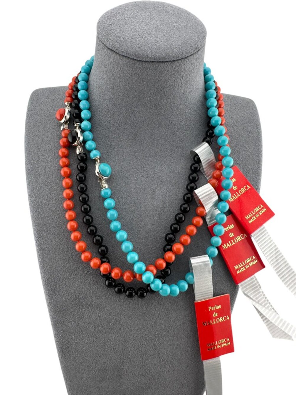 Vintage Mallorca Pearl Choker Necklaces Spain Black Turquoise Coral NOS 15.5"